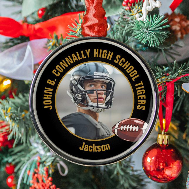 Ornement En Métal Custom Black Gold Football Player Photo Christmas (Créateur téléchargé)