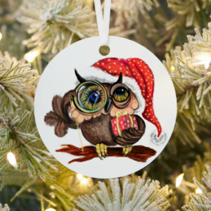 Ornement En Métal Cute Baby Owl In Christmas Hat and Venin For You