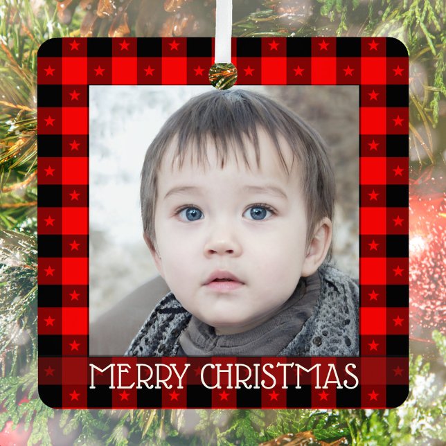 Ornement En Métal Cute Buffalo Plaid Avec Étoiles Personnalisé Nom E (Créateur téléchargé)