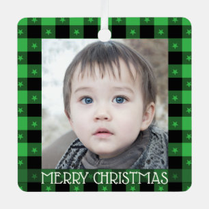 Ornement En Métal Cute Buffalo Plaid Avec Étoiles Personnalisé Nom E