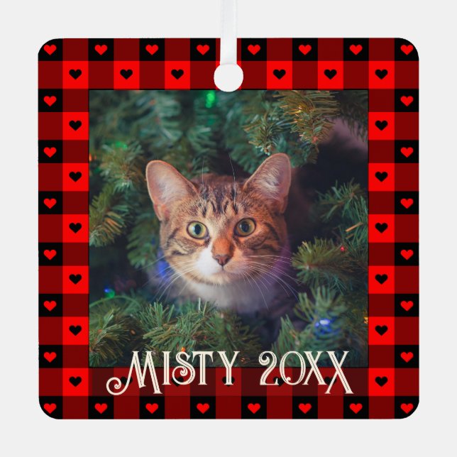 Ornement En Métal Cute Buffalo Plaid Coeurs Personnalisé Chat Animal (Recto)