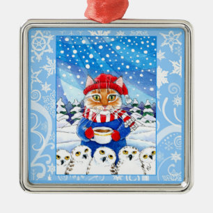 Ornement En Métal Cute cat and snowy owls, snow ornament