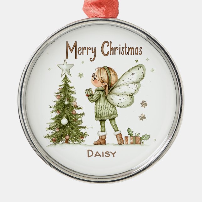 Ornement En Métal Cute Fée de Noël personnalisée et arbre (Devant)