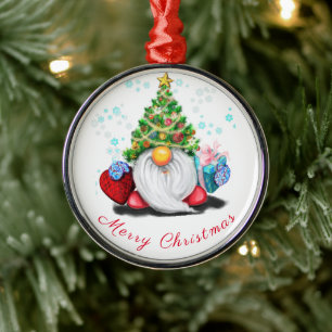 Ornement En Métal Cute Fun Gnome with Christmas Tree Hat and Gift