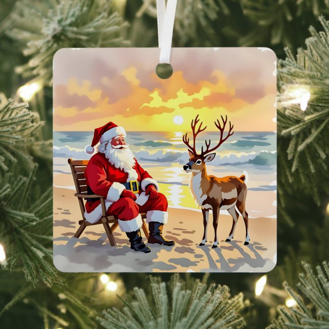 Ornement En Métal Cute Santa on Beach with Reindeer Personalized (Insitu)