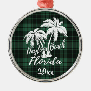 Ornement En Métal Daytona Beach Florida Palm Tree Green Plaid