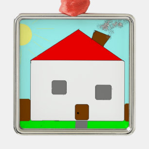 Ornement En Métal Dessin de Maison Bleue Rouge Blanc Vert, Art Par E