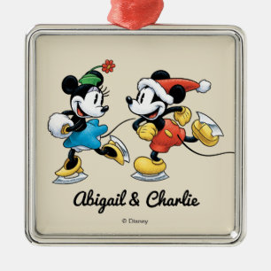 Ornement En Métal Disney Vintage Mickey et Minnie patinent sur gla