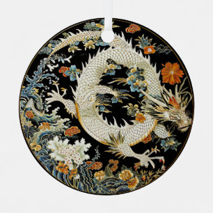Ornement En Métal Dragon asiatique blanc et fleurs