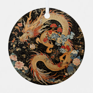 Ornement En Métal Dragon et fleurs asiatiques