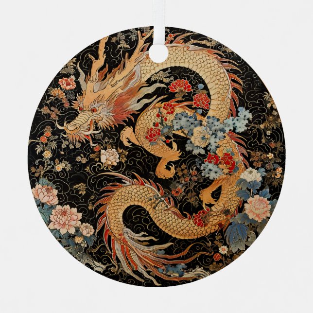 Ornement En Métal Dragon et fleurs asiatiques (Recto)