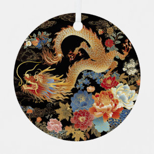 Ornement En Métal Dragon et pivoines chinois