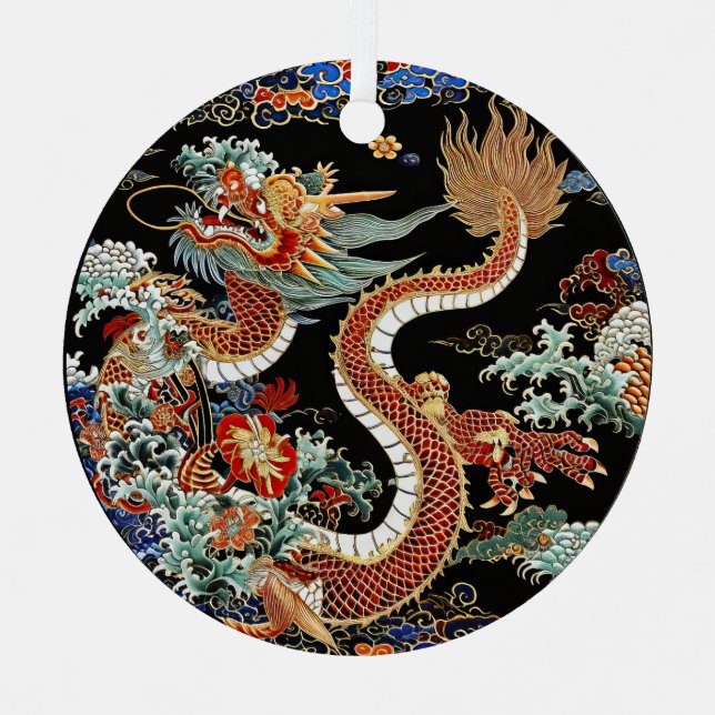 Ornement En Métal Dragon rouge asiatique et vagues (Recto)