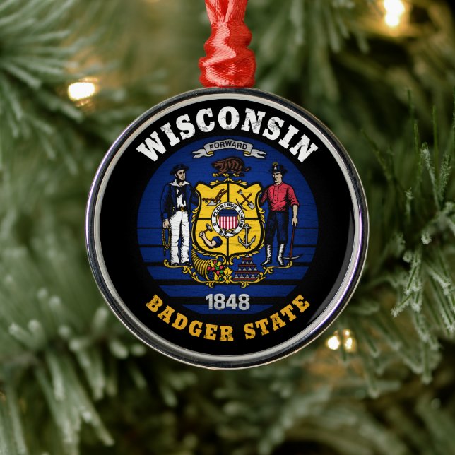 ORNEMENT EN MÉTAL DRAPEAU D'ÉTAT WISCONSIN BADGER (Arbre)