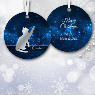 Ornement En Métal Élégant Bleu Lumières Silhouette Silver Jouer Chat