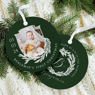 Ornement En Métal Elégant Garland Wreath Crest Baby First Christmas