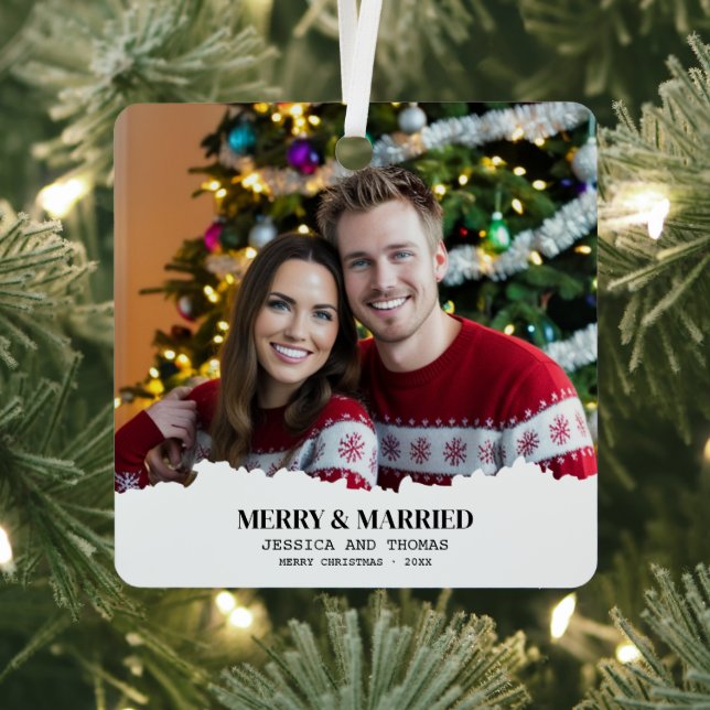 Ornement En Métal Elégant Notre premier Noël Joyeux & Marié Photo (Insitu)
