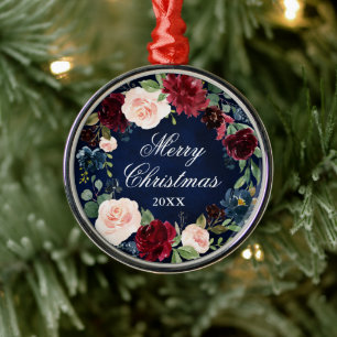 Ornement En Métal Elégante aquarelle fleurie couronne Joyeux Noël
