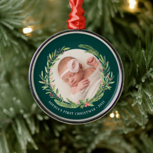 Ornement En Métal Élégante couronne Première photo de Noël Vert