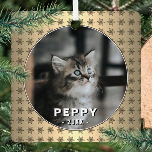 Ornement En Métal Élégante photo de chat Golden Snowflakes Noël