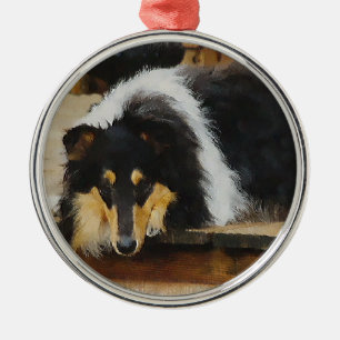 Ornement En Métal Elle attend Tri Color Collie