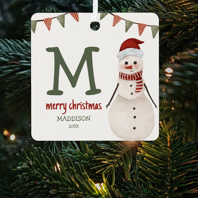 Ornement En Métal Enfants Snowman Monogramme Arbre de Noël (Créateur téléchargé)
