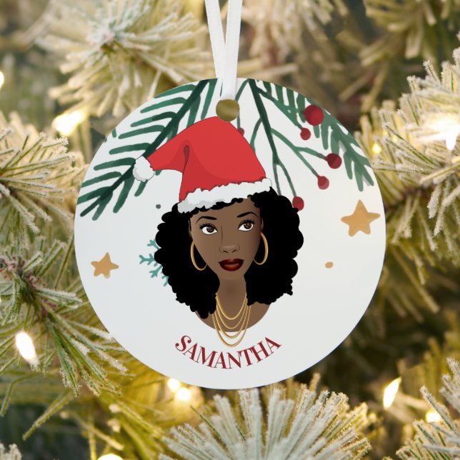 Ornement En Métal Femme noire, chapeau de Noël rouge, arbre, étoiles (Insitu)