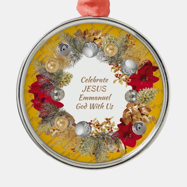 Ornement En Métal FÊTE JAUNE Personnalisée JÉSUS Wreath de Noël (Devant)