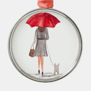 Ornement En Métal Fille avec parapluie rouge aquarelle chien mignon
