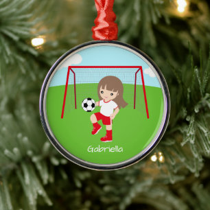Ornement En Métal Fille de soccer Brown haïe personnalisée Noël