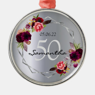 Ornement En Métal Fleurs d'argent d'anniversaire géométrique bordeau