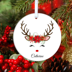 Ornement En Métal Floral Christmas Reindeer Nom personnalisé