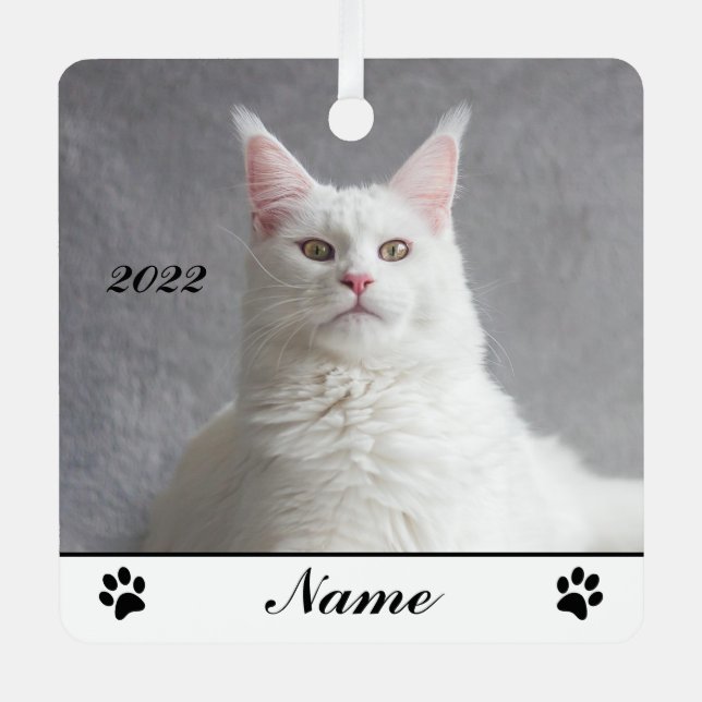 Ornement En Métal Fluffy blanc Maine Coon Cat personnalisé (Recto)