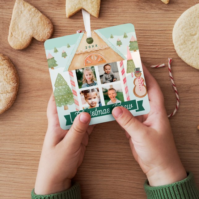 Ornement En Métal Fun Candy Gingerbread Maison Christmas Crew 4 Phot (Fun Candy Gingerbread House Christmas Crew 4 Photo Metal Ornament)