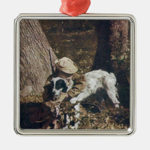 Ornement En Métal Garçon vintage et son chien de chasse