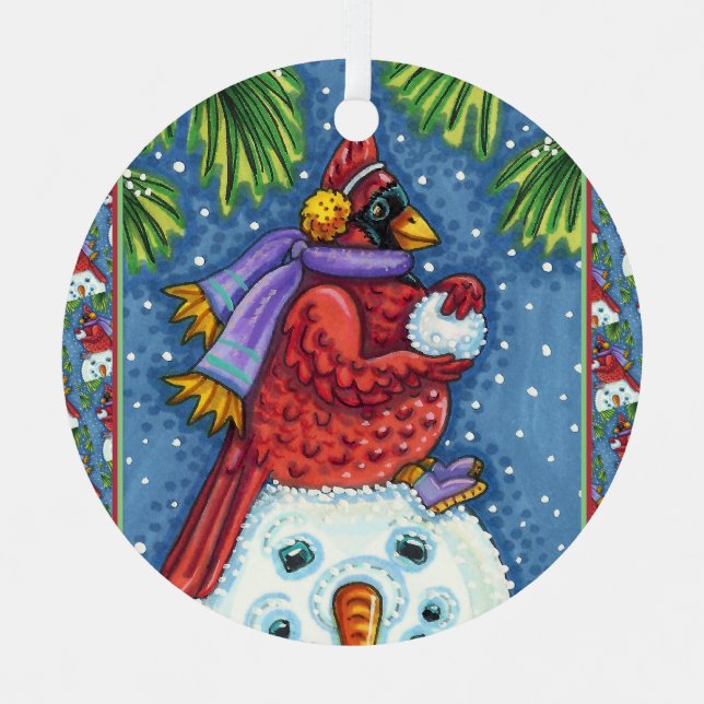 ORNEMENT EN MÉTAL GARDE CARDINAL SNOWMAN, CUTE NOËL REDBIRD (Recto)