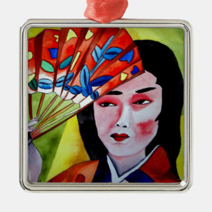 Ornement En Métal Geisha japonaise avec éventail peinture originale