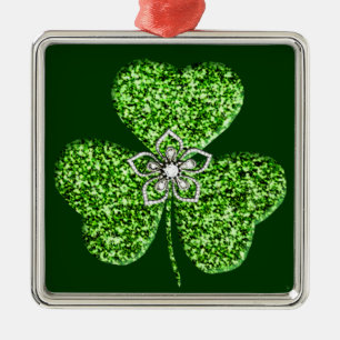 Ornement En Métal Glitter Shamrock And Flower Square Ornament