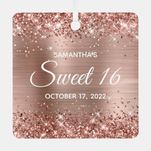 Ornement En Métal Glitterie Rose Gold Foil Sweet 16 (Recto)