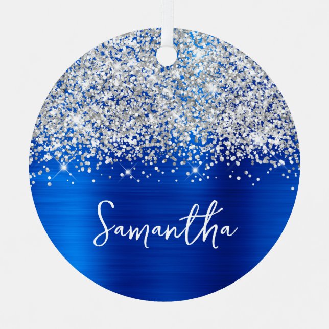 Ornement En Métal Glittery Argent Royal Blue Glam Nom (Recto)