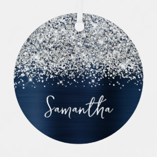 Ornement En Métal Glittery Silver Navy Blue Glam Nom