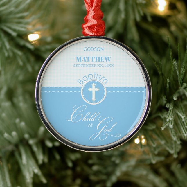 Ornement En Métal Godson Baptême Bleu Enfant de Dieu Personnalisé (Arbre)