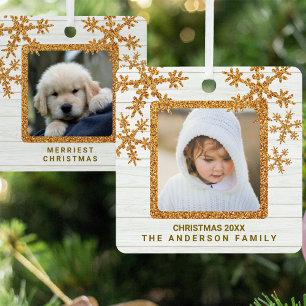 Ornement En Métal Gold Snowflake 2 Photo Chic double face