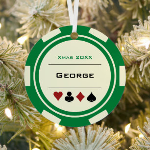 Ornement En Métal Green and Cream Las Vegas Poker Chip Christmas