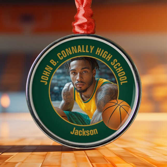 Ornement En Métal Green Gold Basketball Player Photo Christmas (Créateur téléchargé)