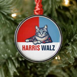 Ornement En Métal Harris Walz 2024 Manifestement Red Blue Cat