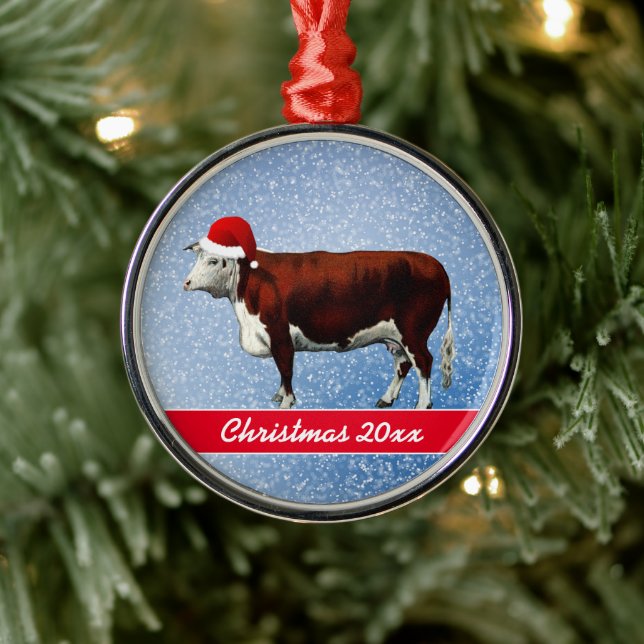 Ornement En Métal Hereford Cow et Santa Hat (Arbre)