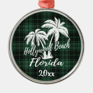Ornement En Métal Hollywood Beach Floride Palm Tree Green Plaid