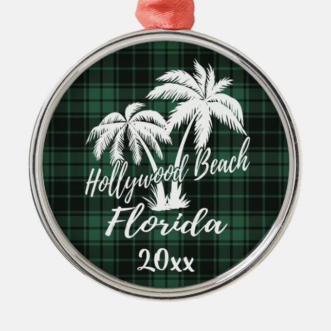 Ornement En Métal Hollywood Beach Floride Palm Tree Green Plaid (Devant)