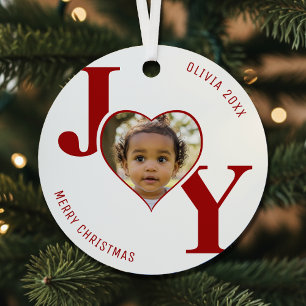 Ornement En Métal Joie Joyeux Noël Cœur Photo Blanc & Rouge